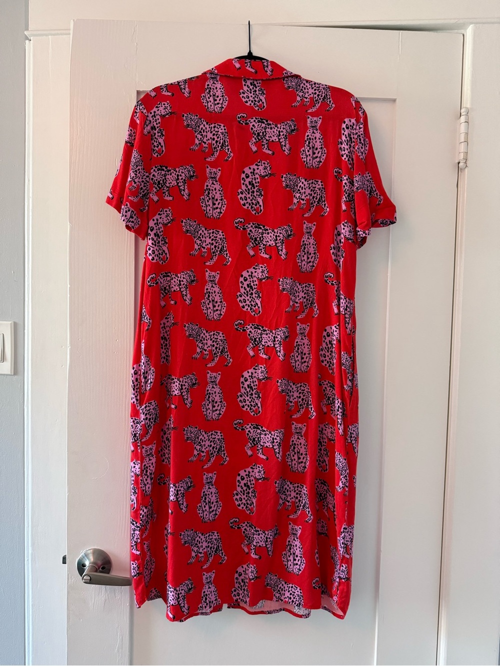 River Dress Sandler Cat Red Button-Up Dress with Pink Leopard Print - Picture 4 of 5